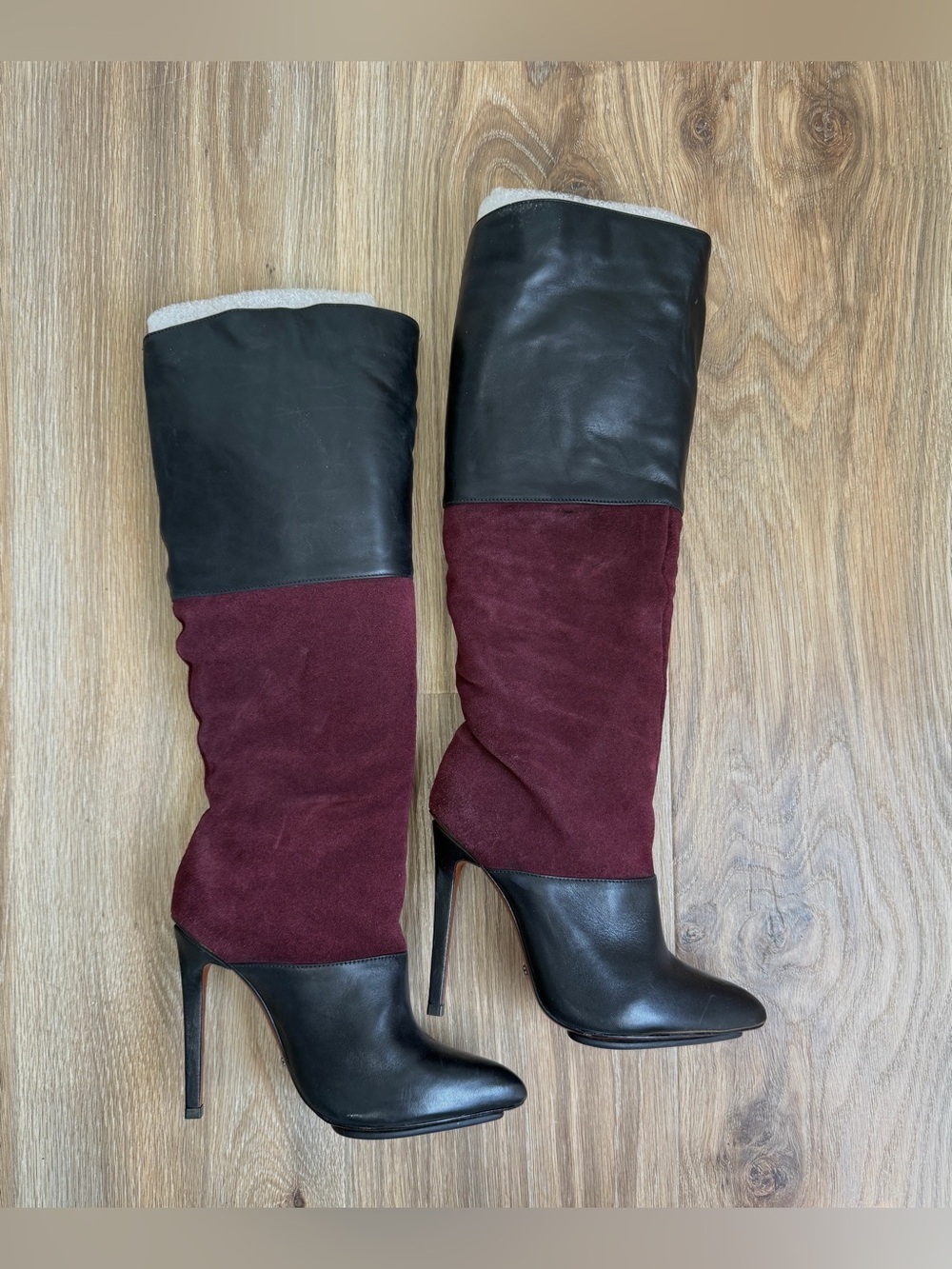 Schutz Leather & Suede Colorblock Over-the-Knee Boots Size 7.5B Burgundy Black - Picture 6 of 10